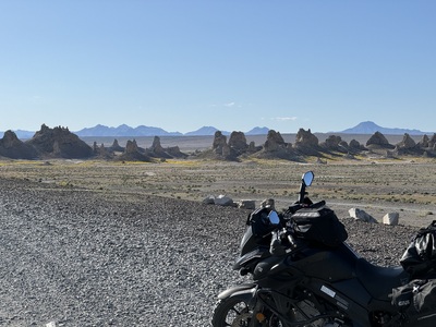My motorcycle in front of the unusual rock formations at Trona Pinnacles