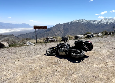 My bike on its side where it blew over at the top of Aguereberry Point